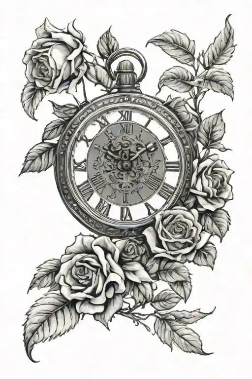 Clock With Roman Numerals And Roses Blooming