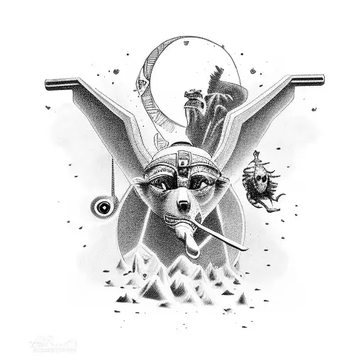 Anubis With Eye Of Ra And Icarus Falling Down From The Clouds