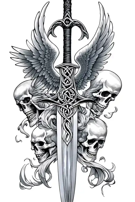 Celtic Sword With Wings With Skulls