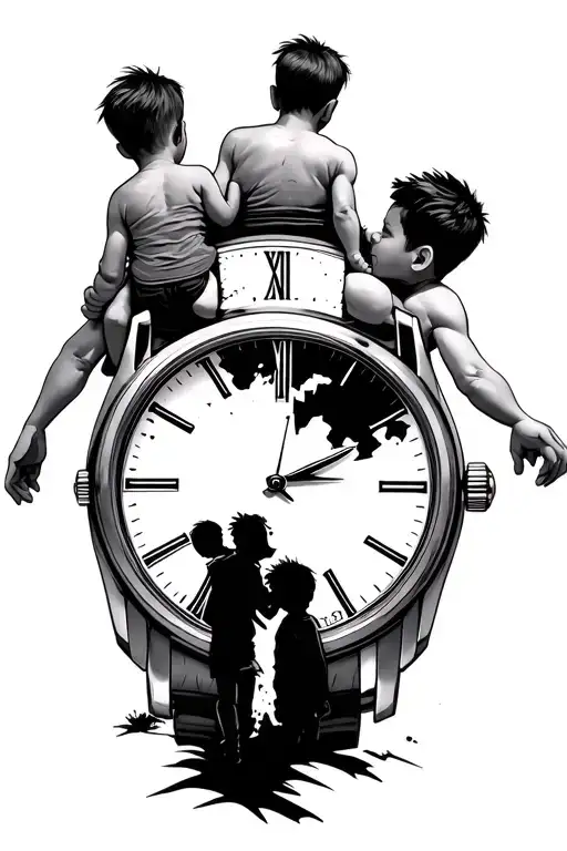 Man Walking With A Child On His Shoulders And One By Hand Towards A Broken Watch That Marks 3