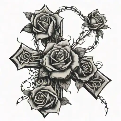 Barbed Wire Cross And Roses Intertwined