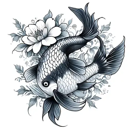 Koi Fish And Flowers Intertwined