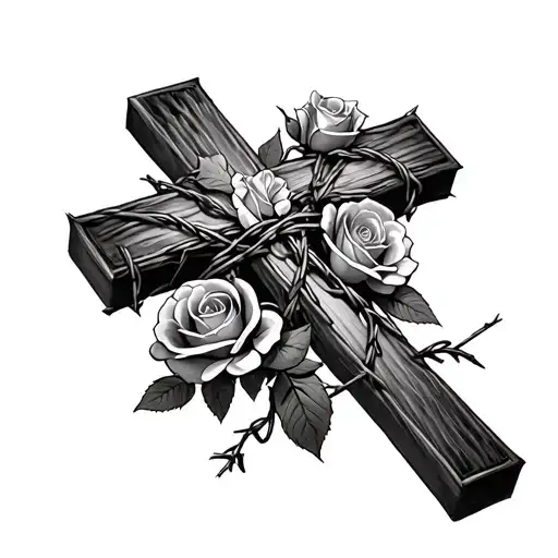 Cross Wrapped In Barbed Wire And Roses Intertwined
