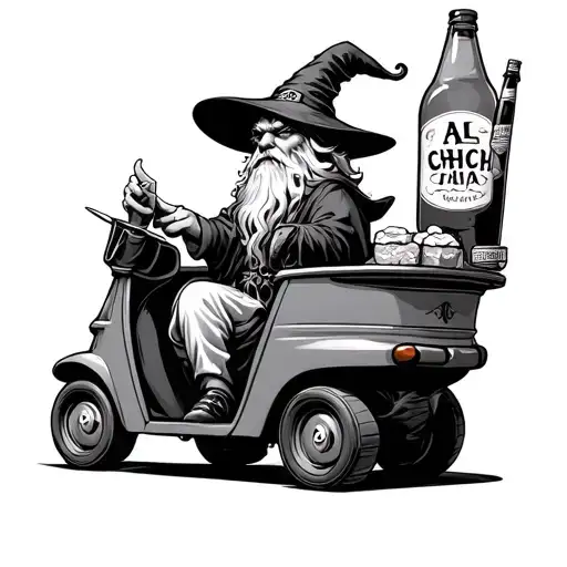 A Wizard Wearing A Djellabadriving A Tuc Tuc Eating Sushi With A Bottle Of Cha Cha