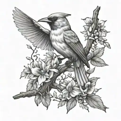 Cardinal Bird And Hummingbird On A Branch