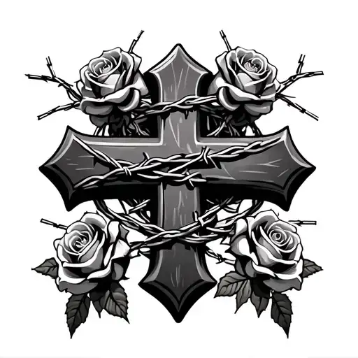 Cross Wrapped In Barbed Wire And Roses Intertwined