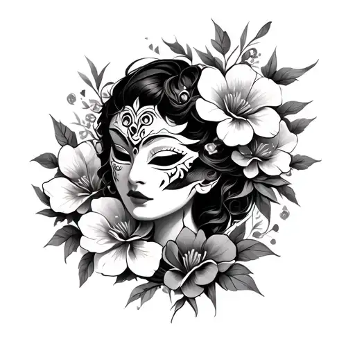 Oni Mask Surrounded With Flowers With Breaked Mask Behind Is Woman