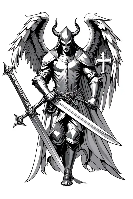 Knight With Swords And Wings Of Angel And Devil And Cross