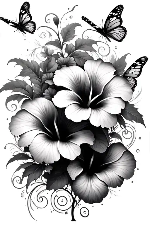 Hibiscus Flowers With Some Swirls And Butterflies