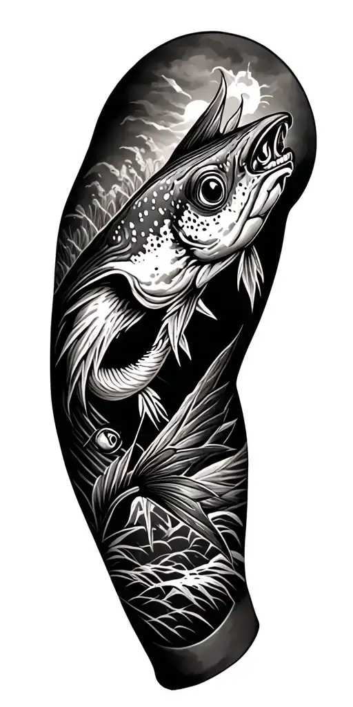 Hunting And Fishing Arm Sleeve Tattoo Design