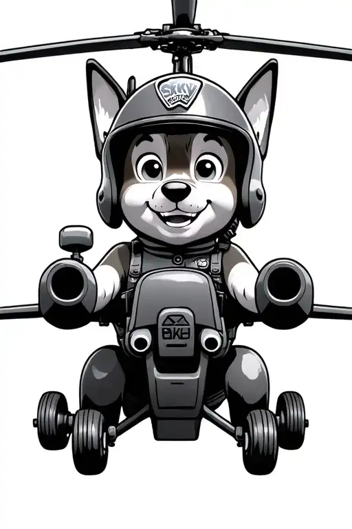 The Character `Sky` From Paw Patrol Smiling As She Drives An Apache Helicopter