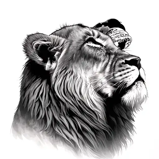 Cub Looking Up At Mother And Father Lion