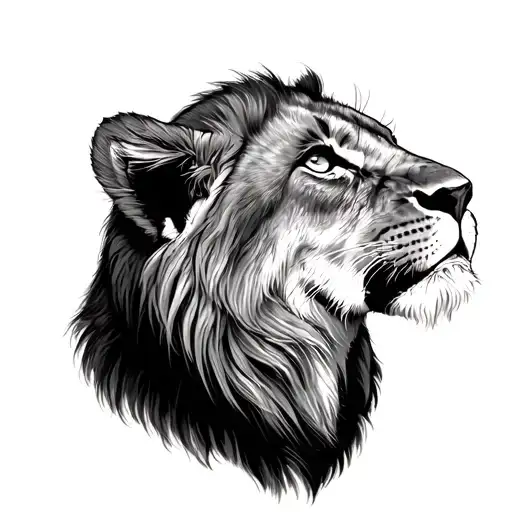 Cub Looking Up At Mother And Father Lion