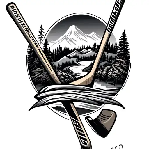 Full Arm Tattoo Design Featuring Hockey Sticks And Scenery