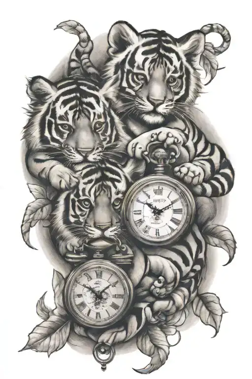 2 Tiger Cubs And 2 Pocket Watch