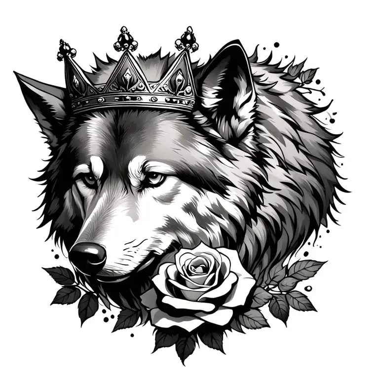 Wolf With Crown And Rose Intertwined