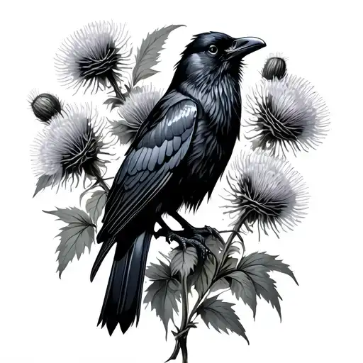Raven Perched On Scottish Thistles