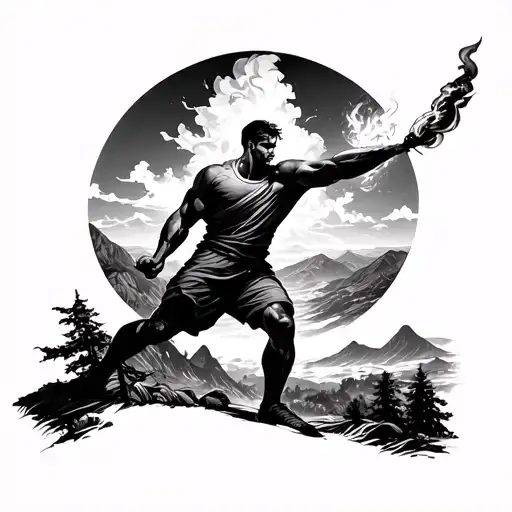 Athletic Person Holding The Large Torch Over Looking Scenic Landscape