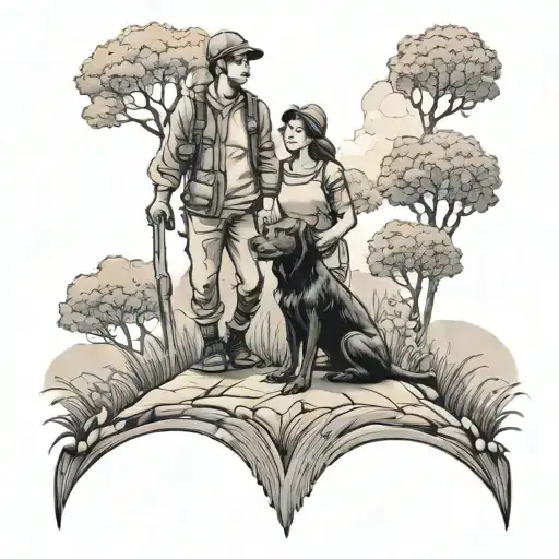 A Black And Grey Tattoo Of A Couple Exploring Together In The Countryside With Their Dog