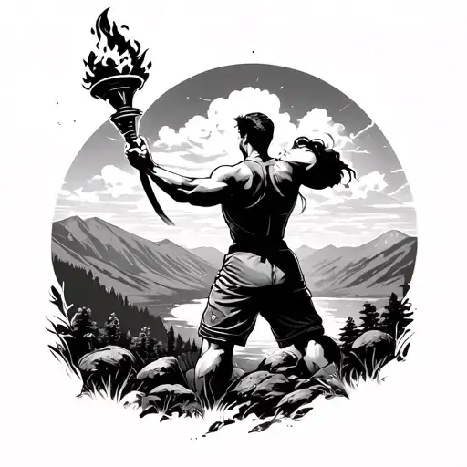 Point Of View Perspective Of Athletic Person Holding The Large Torch Over Looking Scenic Landscape