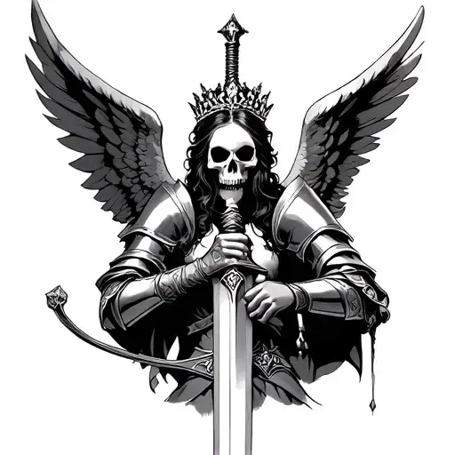 Angel Knight Holding A Sword With Subtle Skull Face And A Tiara