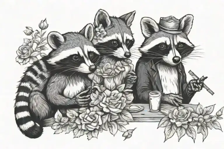 Fancy Possum And Raccoon Holding Cigarettes With Flowers