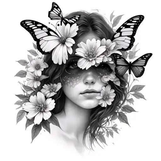 Flowers And Butterflies Covering Her Eyes