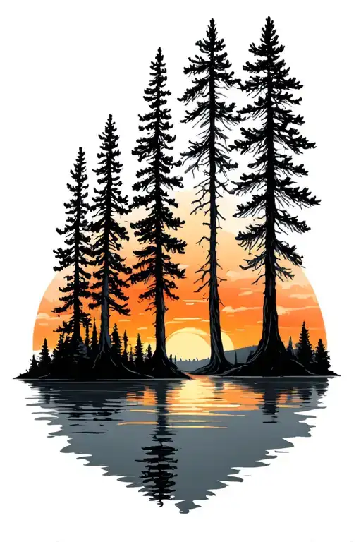 Pine Trees Colors Sunset Over Lake