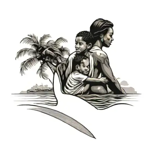 A Mother And Two Boys Silhouette With A Background Of The Jamaican Coastline
