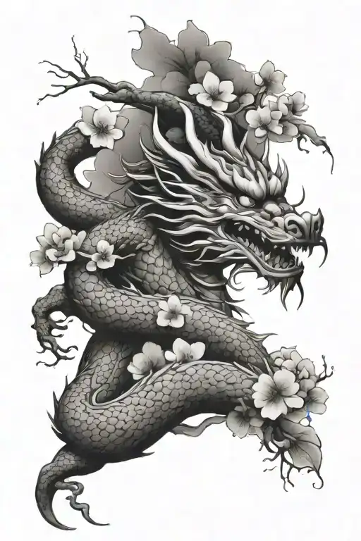 Chinese Dragon With Hong Kong Skyline And Cherry Blossom Tree Shoulder Sleeve