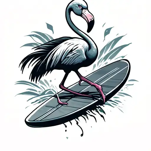 Silly Flamingo Riding A Surf Board