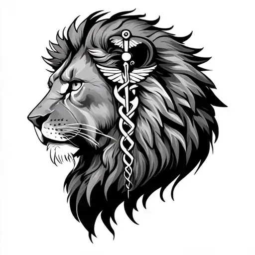 Lion Half Face With Medical Caduceus Intertwined