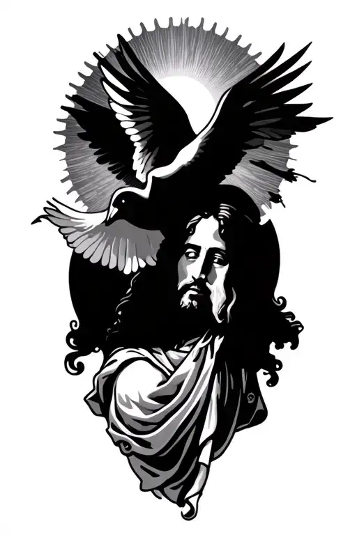 Jesus Christ With Dove Flying Towards The Sun