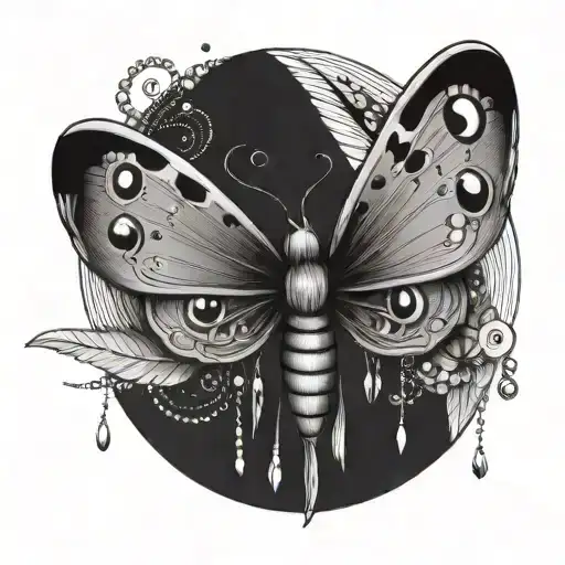 Moth With Feathers And Beads Hanging From Its Wings