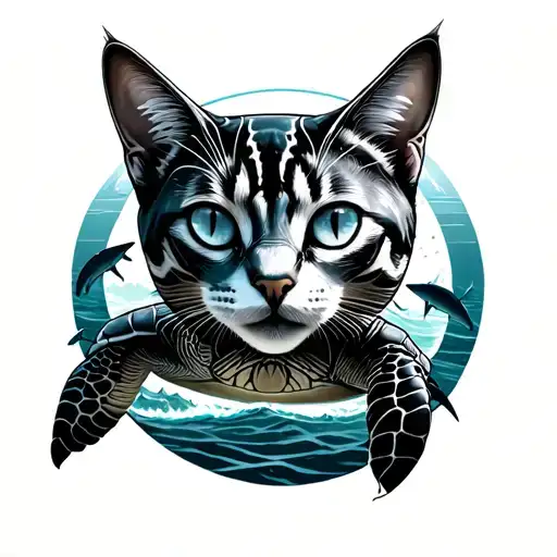 Face Of Cat In Front Of A Sea Turtle Inside Of A Circle With Sharks