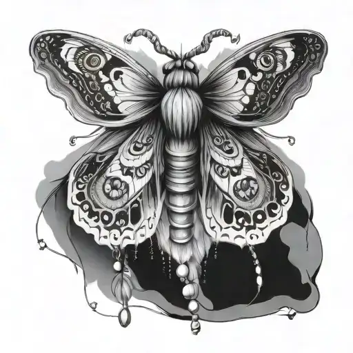 Moth With Strings Of Feathers And Beads Hanging From Its Wings