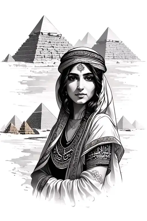 Arab Woman With Giza Pyramids Down And Arab Letters