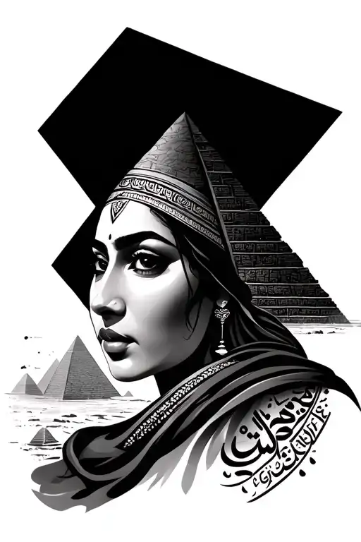 Arabe Woman Face With Giza's Pyramids And Arab Letters