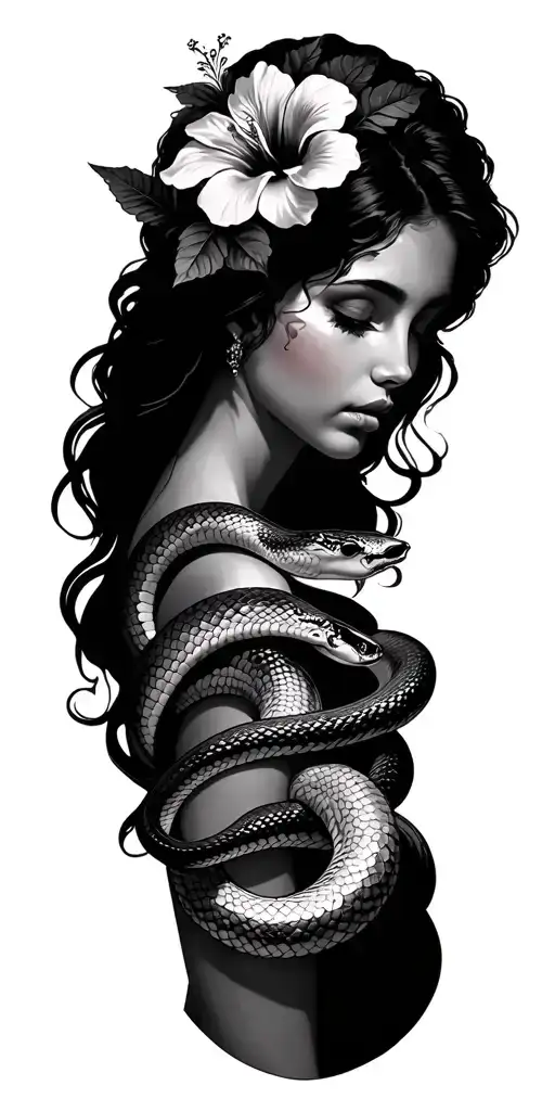 Church -Style Woman Style Tattoo Snakes And Hibiscus Flowers