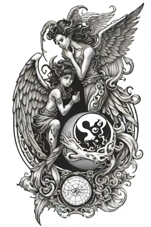 Angel And Devil With Ying And Yang Symbol