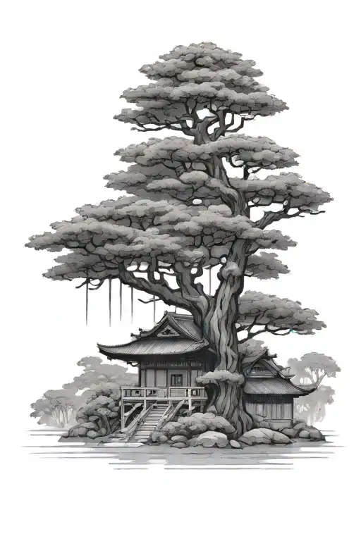 Japanese Dojo With Japanese Trees