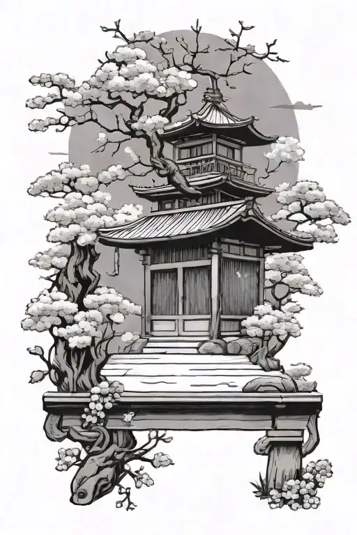 Japanese Dojo With Japanese Trees And Cherry Blossoms And A Black Judo Belt