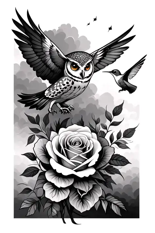 Roses With Owl And Humming Bird Flying In The Sky Background