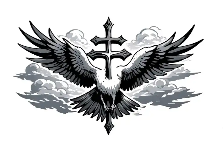 A Bird With Wings Spread And A Cross With Clouds Surrounding