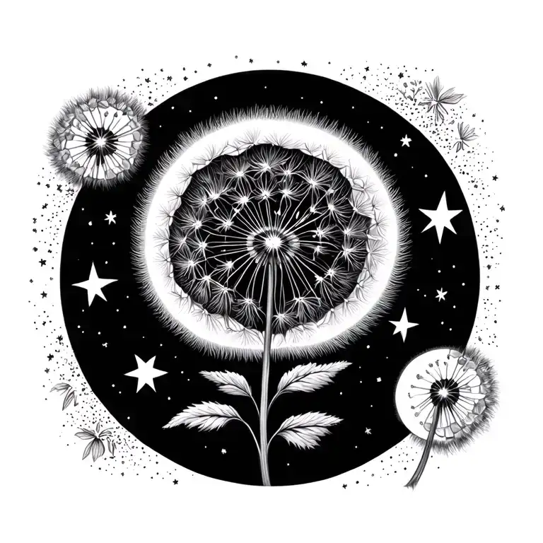 Dandelion Flower Wth Moon And Stars Surrounding