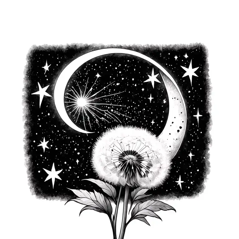 Dandelion Flower Wth Crescent Moon And Stars Swirling Within A Galaxy