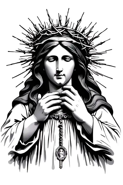 Virgin Marys Hands Holding With Crown Of Thorns As The Rosary