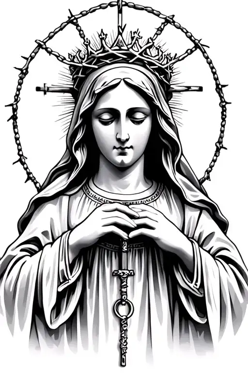 Virgin Marys Hands Holding With Crown Of Thorns As The Rosary