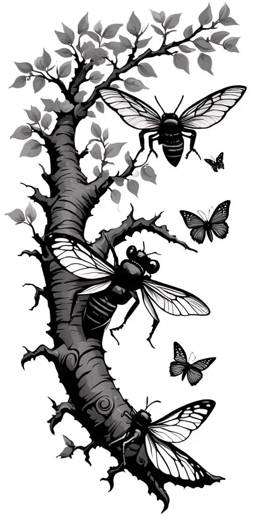 Puca In Tree Branch Bee And Butterfly Flying Near