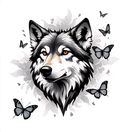Wolf Head With Butterflies Surrounded